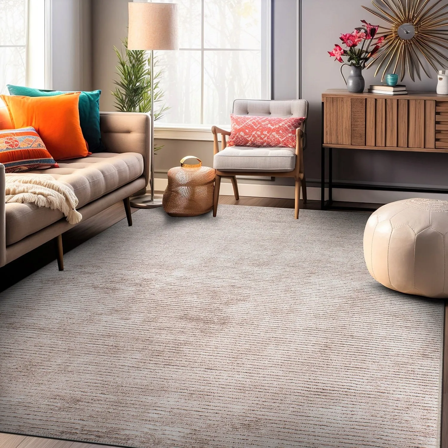 Contemporary Distressed Stripe Machine Washable Area Rug