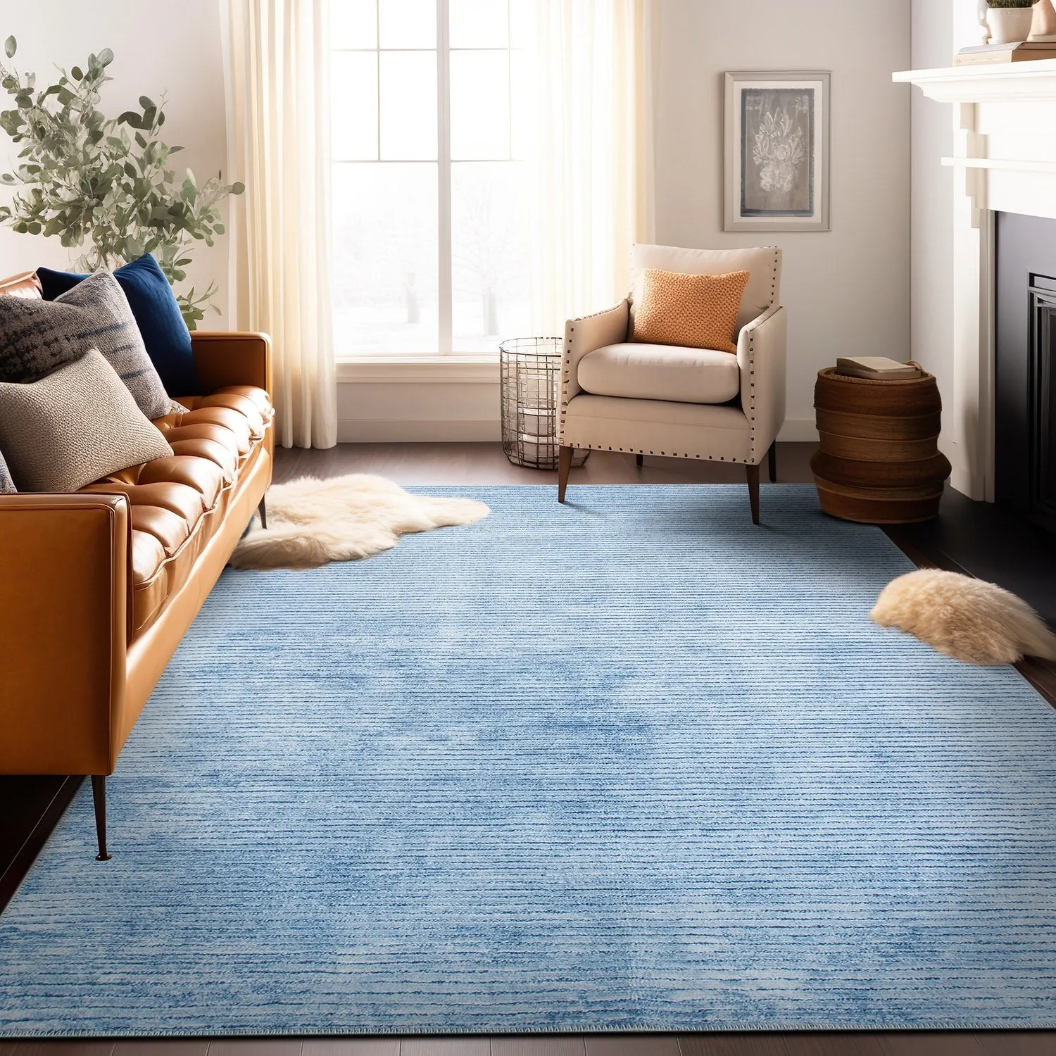 Contemporary Distressed Stripe Machine Washable Area Rug