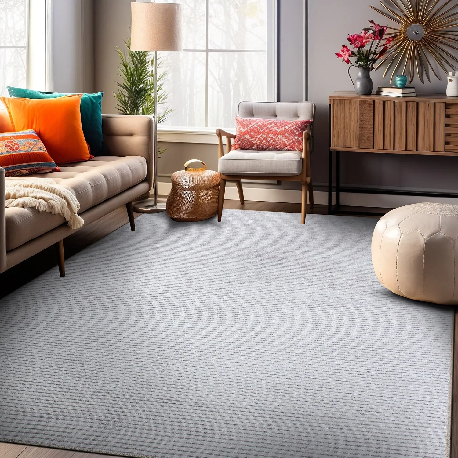 Contemporary Distressed Stripe Machine Washable Area Rug
