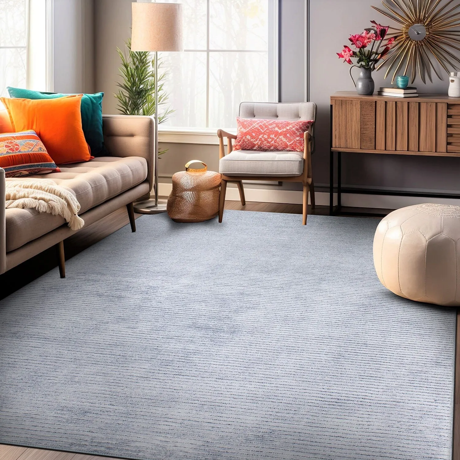 Contemporary Distressed Stripe Machine Washable Area Rug