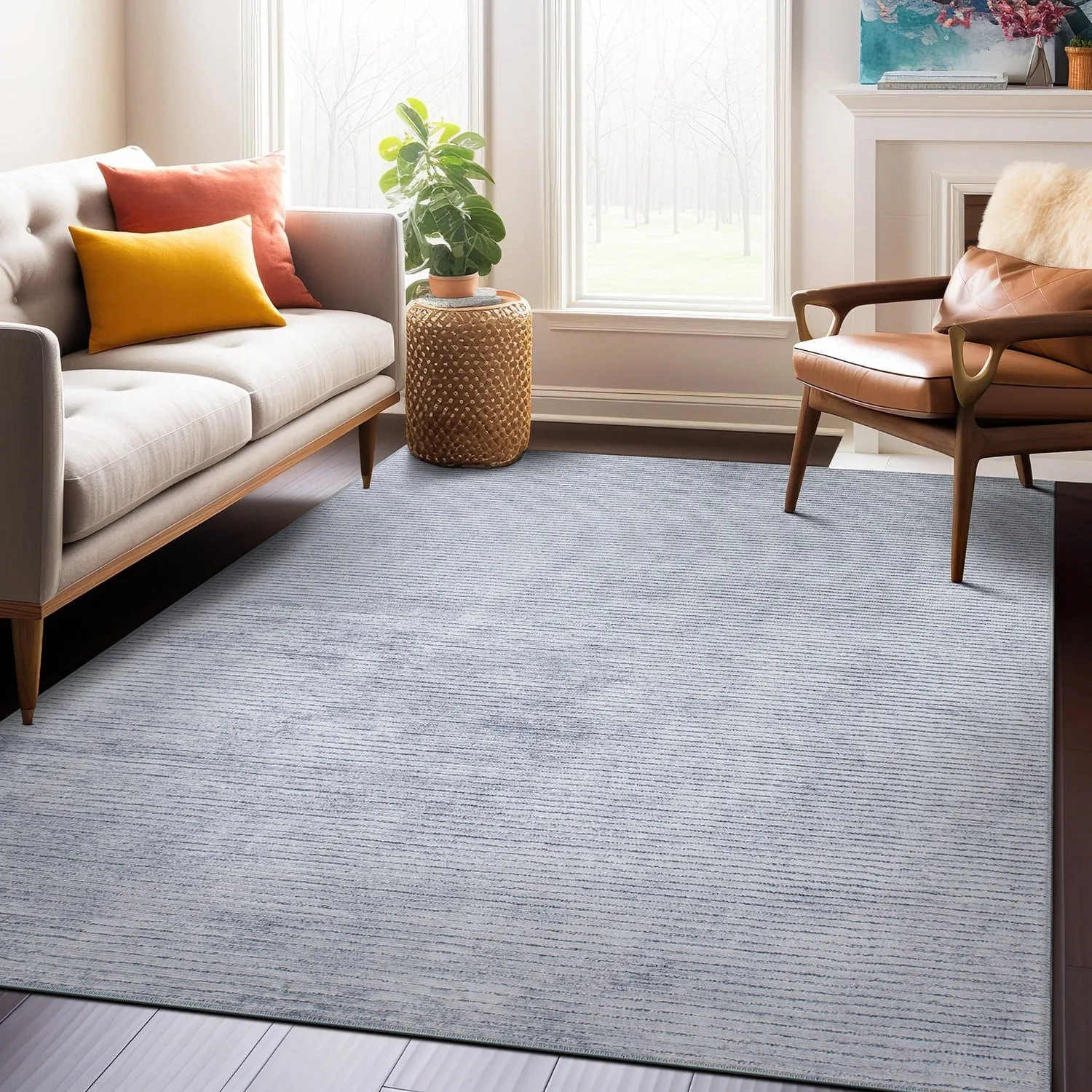 Contemporary Distressed Stripe Machine Washable Area Rug