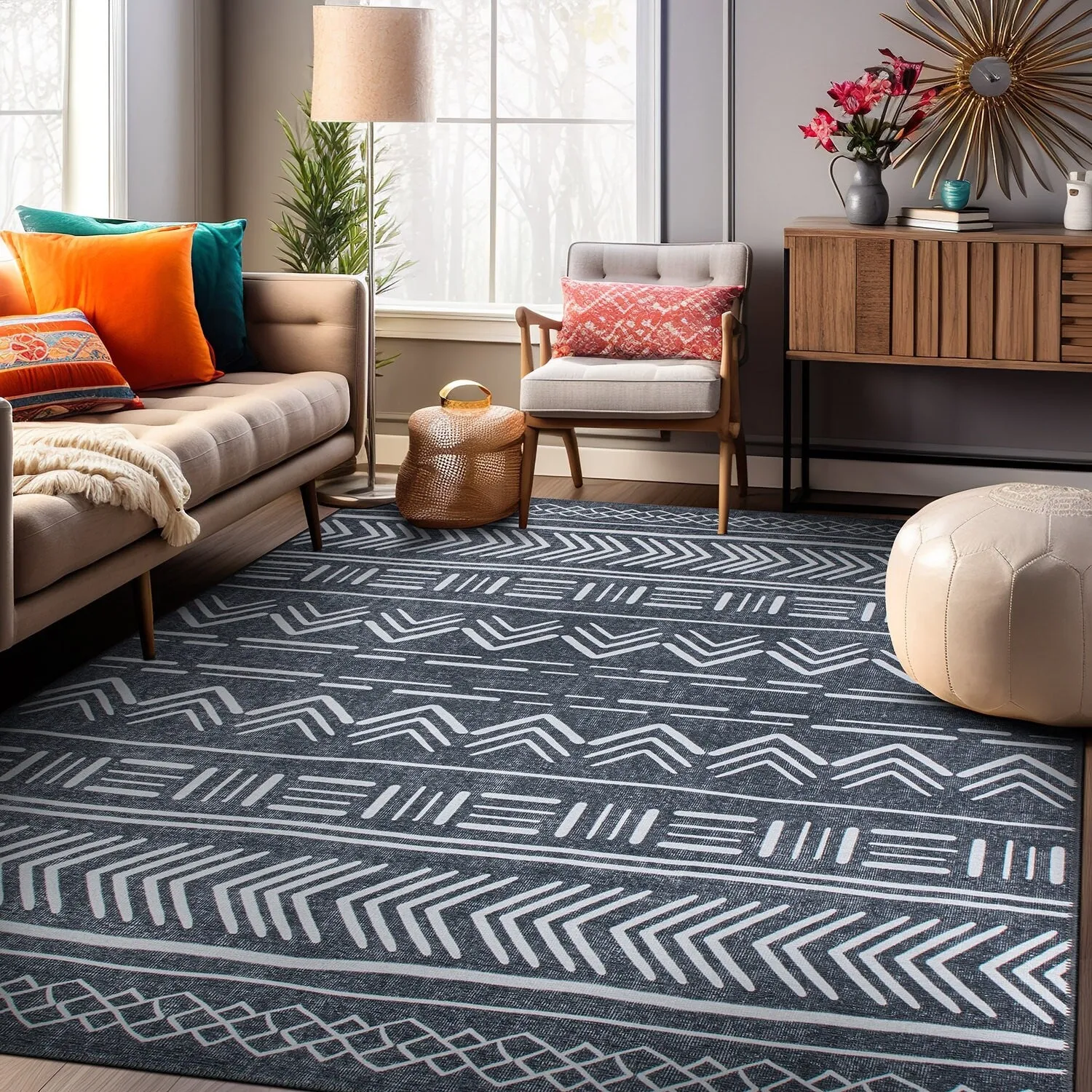 Contemporary Geometric Bohemian Machine Washable Area Rug
