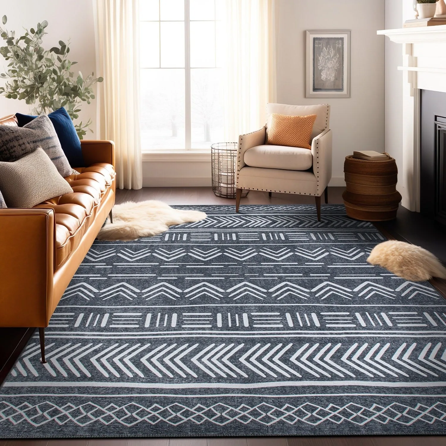 Contemporary Geometric Bohemian Machine Washable Area Rug