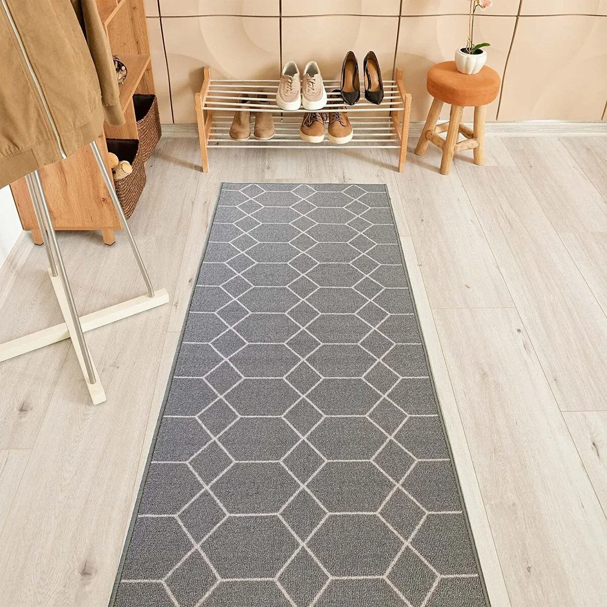 Custom Size Hexagon Gray 31 Inch Wide Non-Slip Stair Runner Rug
