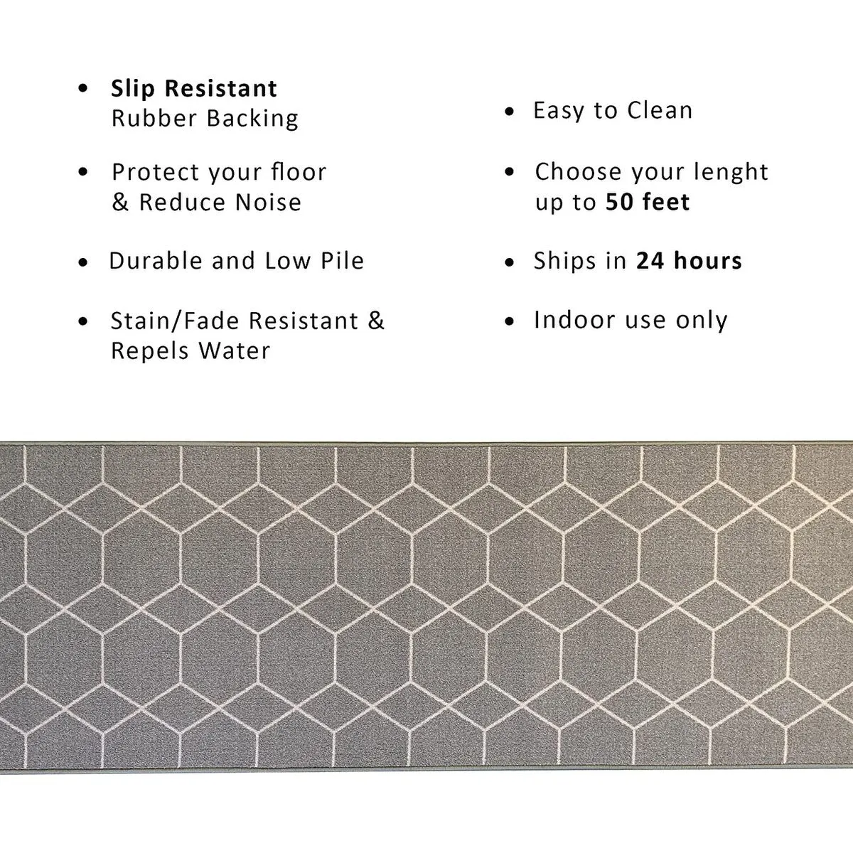 Custom Size Hexagon Gray 31 Inch Wide Non-Slip Stair Runner Rug