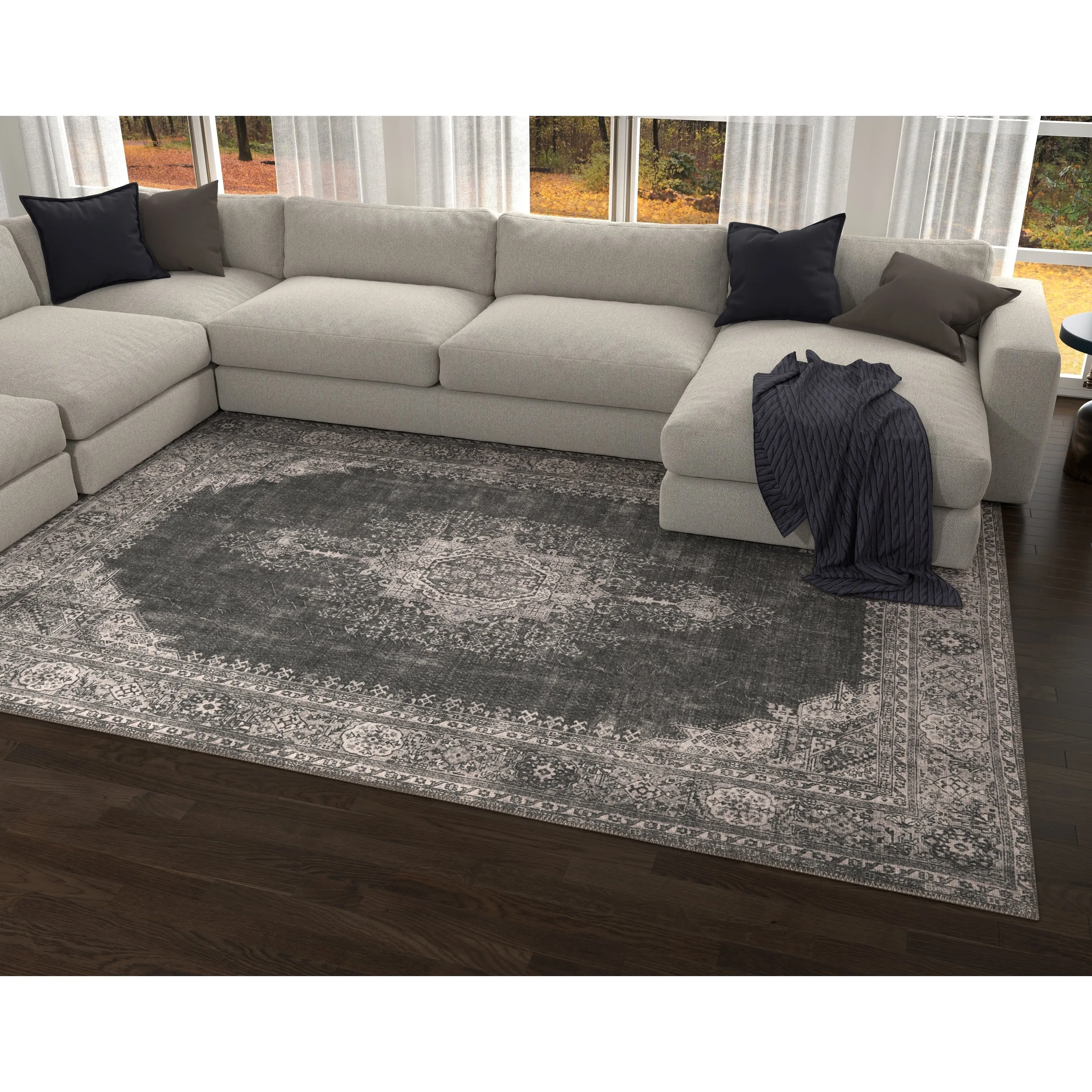 Domani Grove Machine Washable Distressed Grey Medallion Area Rug