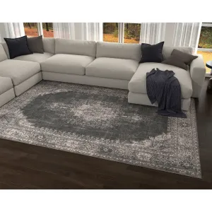 Domani Grove Machine Washable Distressed Grey Medallion Area Rug