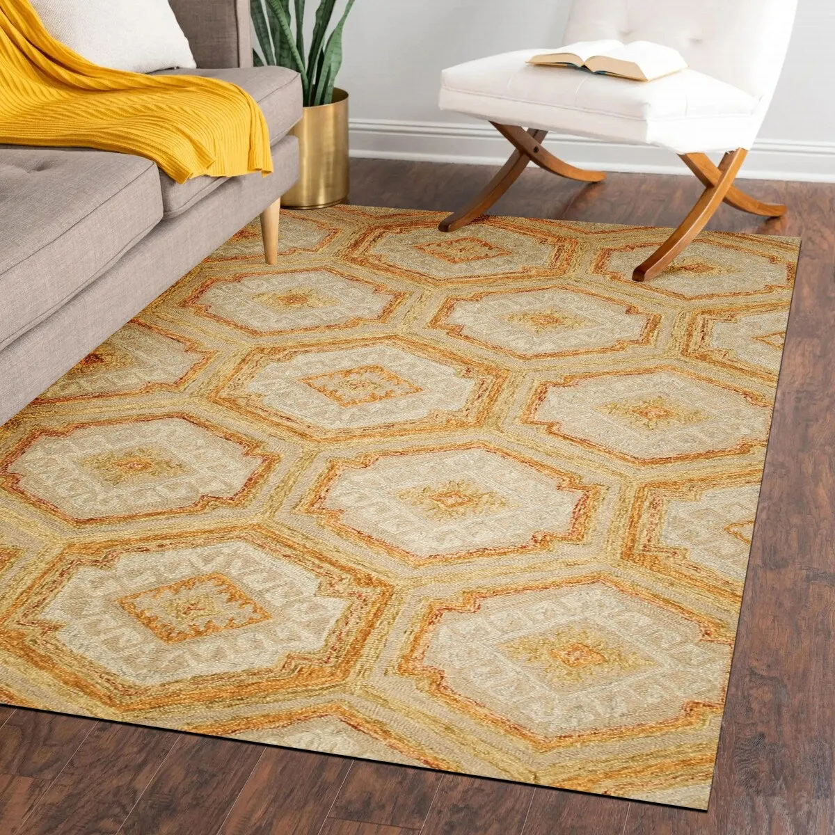 EORC Hand-Tufted Wool Geometric Rug | Elegant Gold Area Rug for Living - 5' x 8'