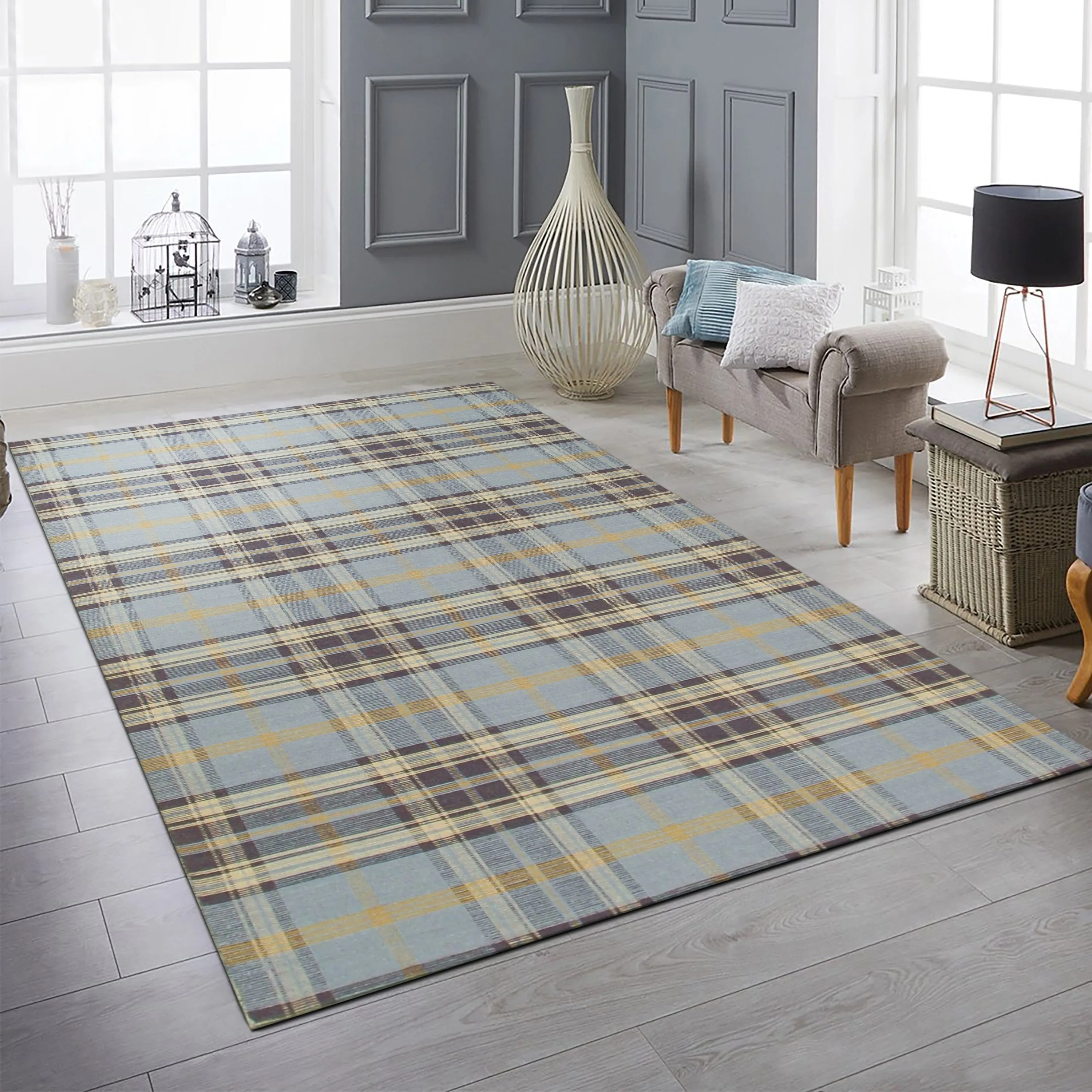 EORC Handmade Wool Plaid Rug | Stylish Blue Area Rug for Living Room. Bedroom. Office. & Home Dcor | Durable & Trendy Design