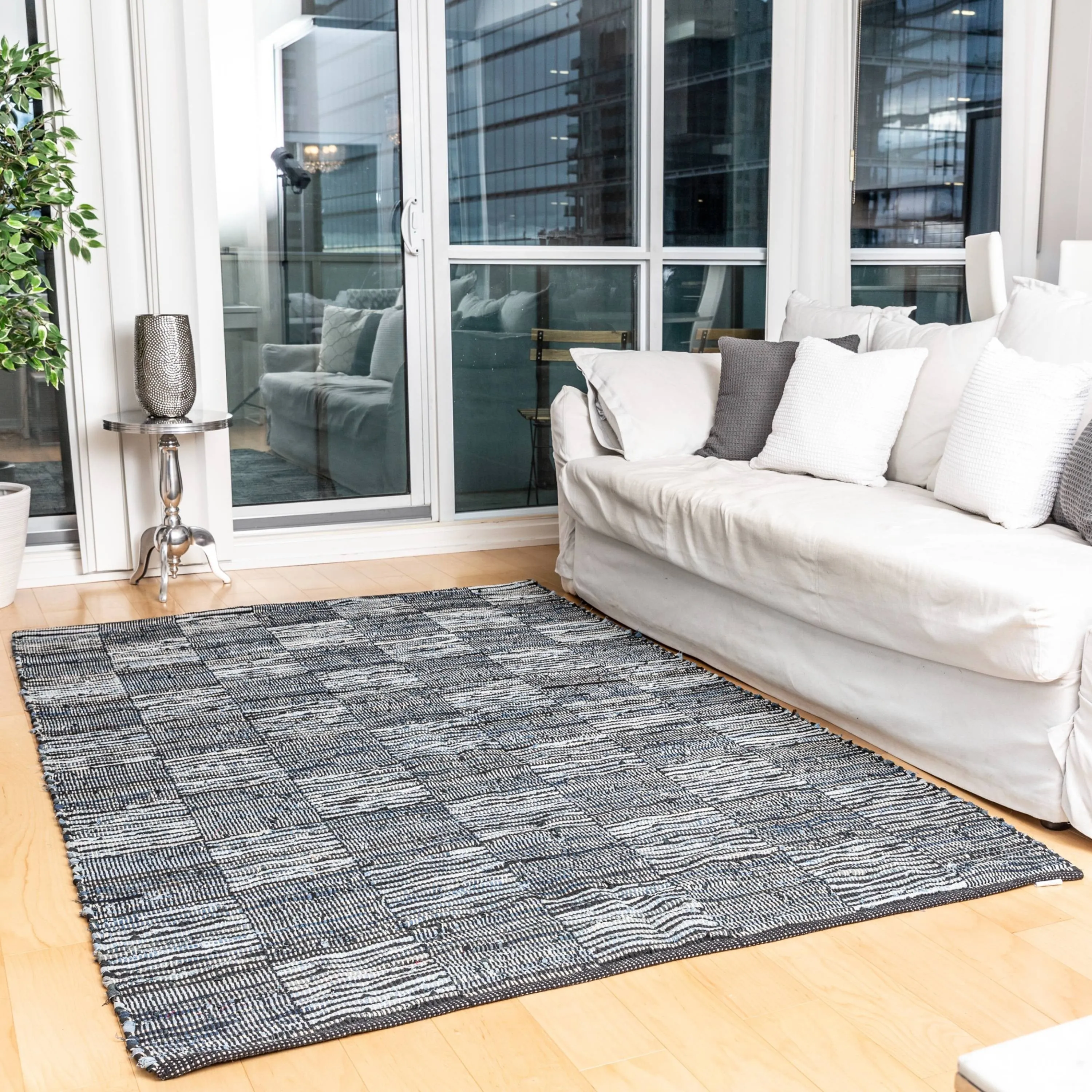 Fabstyles Denim Leather Checkerboard Handmade Area Rag Rug