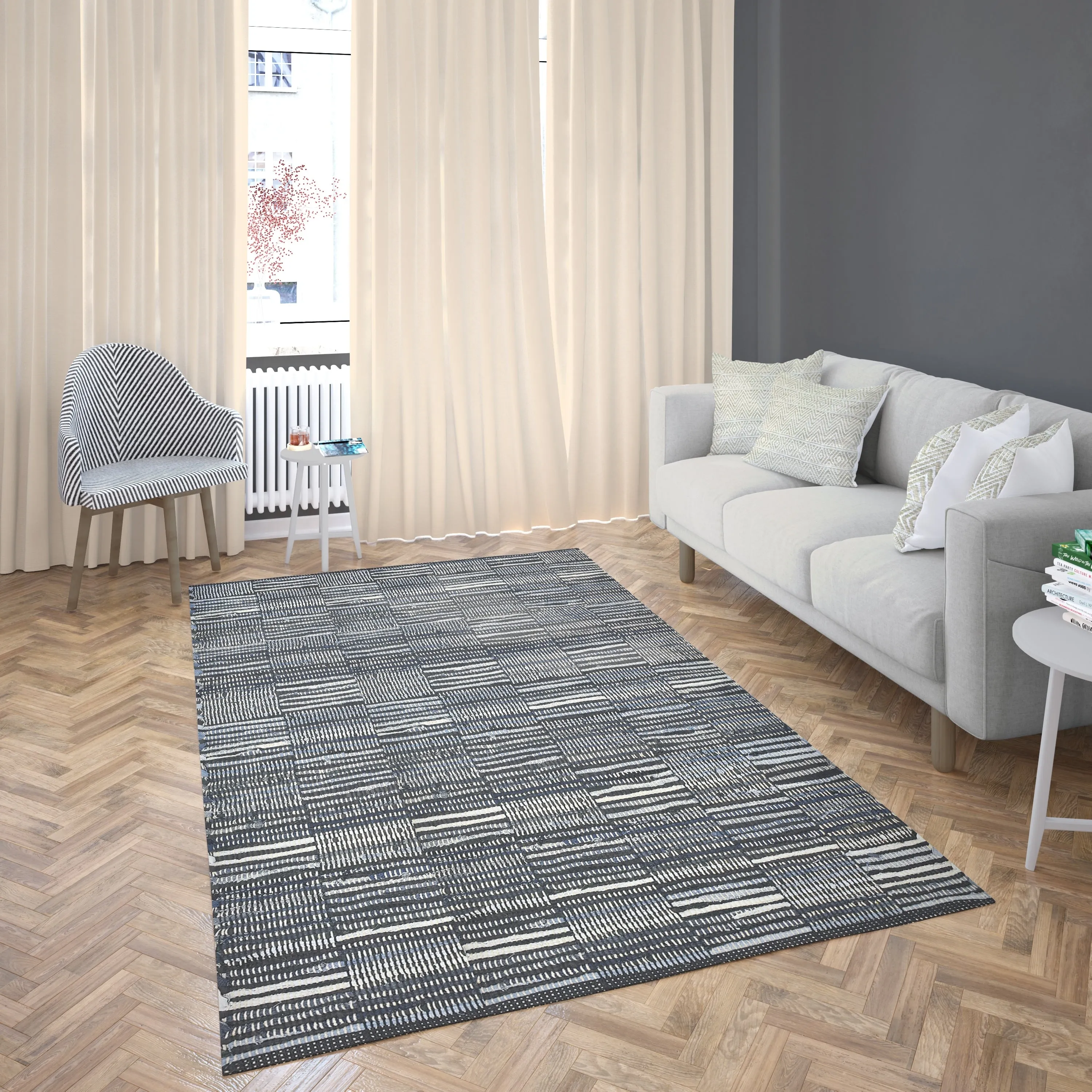 Fabstyles Denim Leather Checkerboard Handmade Area Rag Rug