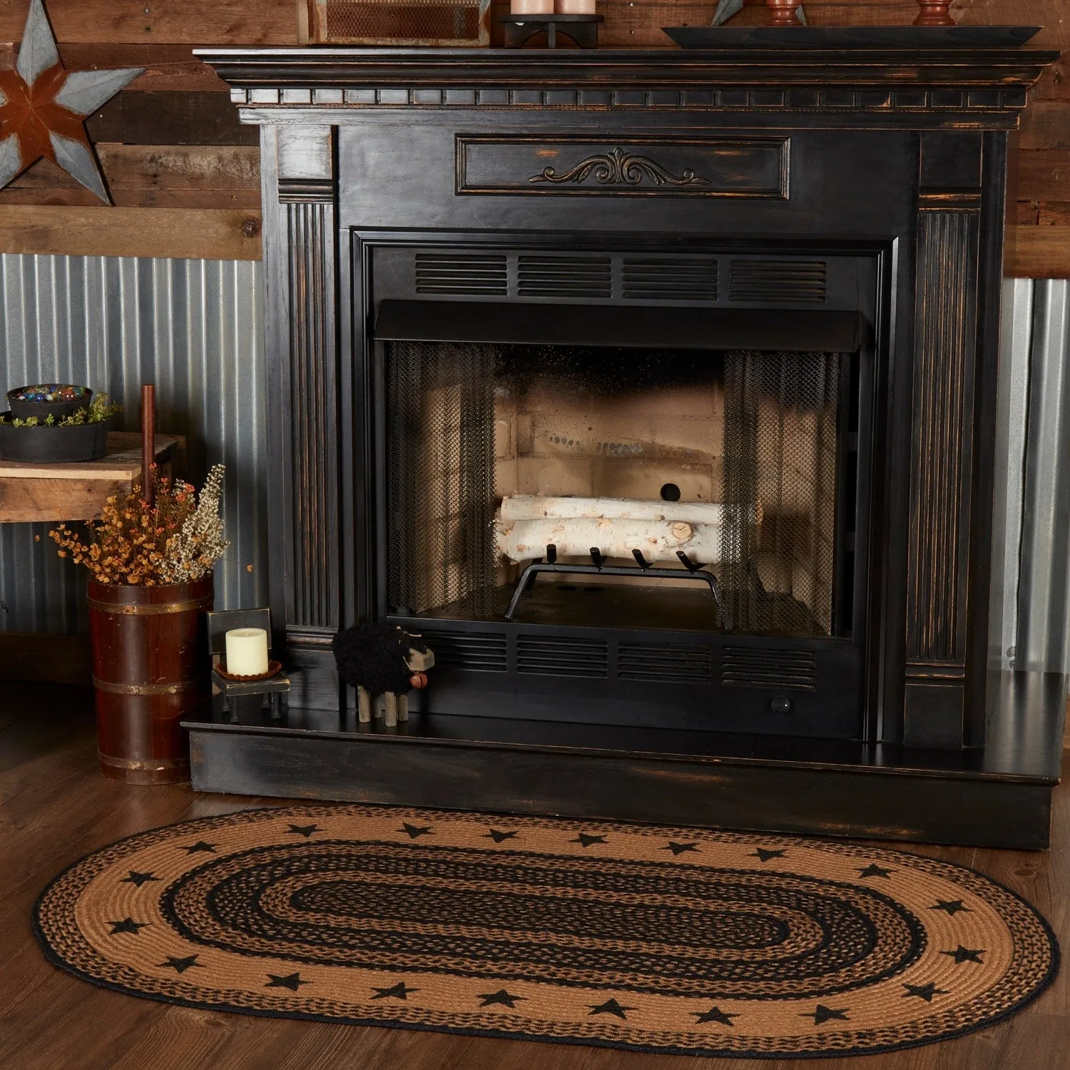 Farmhouse Jute Rug Oval Stencil Stars Border w/ Pad 36x60 - 3' x 5' Oval
