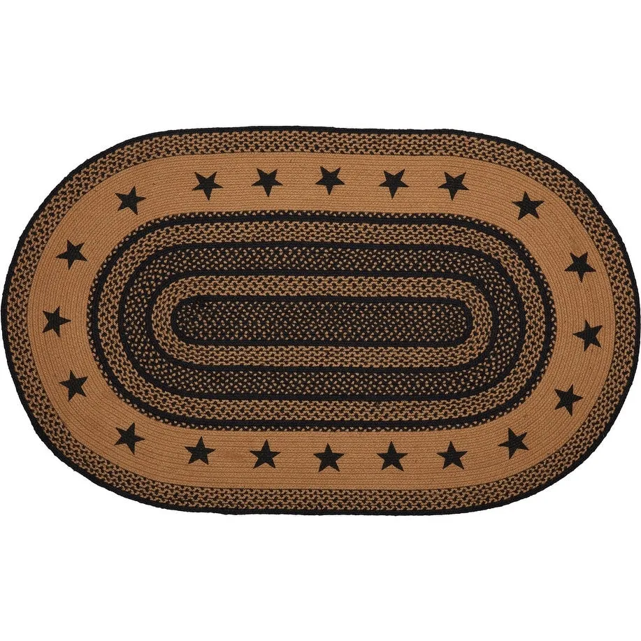 Farmhouse Jute Rug Oval Stencil Stars Border w/ Pad 36x60 - 3' x 5' Oval