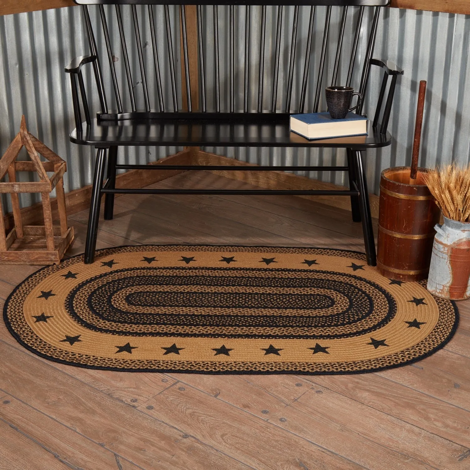 Farmhouse Jute Rug Oval Stencil Stars Border w/ Pad 36x60 - 3' x 5' Oval