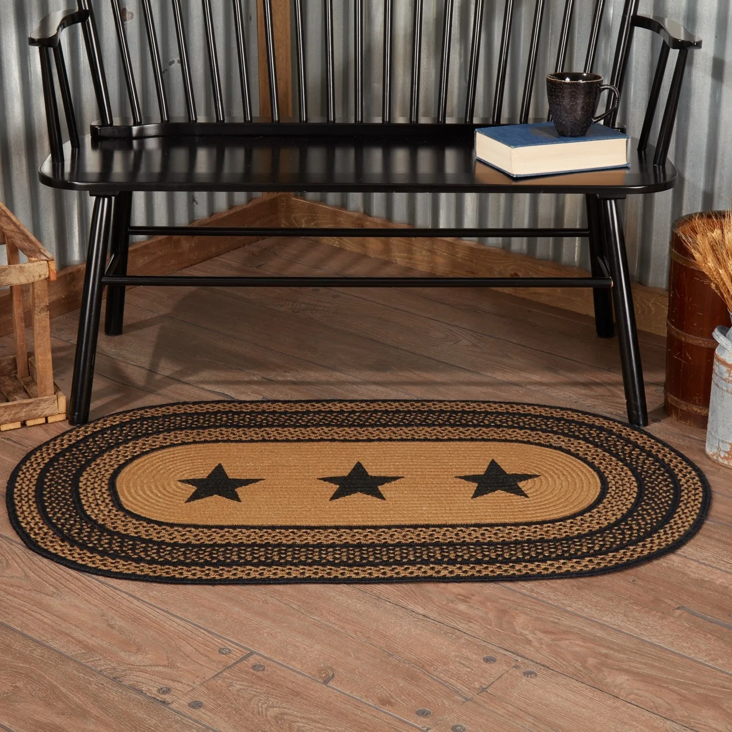 Farmhouse Jute Rug Oval Stencil Stars w/ Pad 27x48 - 27 x 48