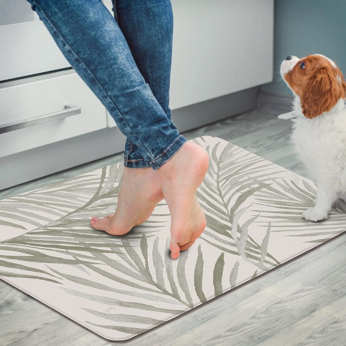 Grey Palm Fronds 30 x 20 Comfort Floor Mat Manufactured in The USA. Waterproof. Reduces Muscle Fatigue. Easy to Clean - 30x20