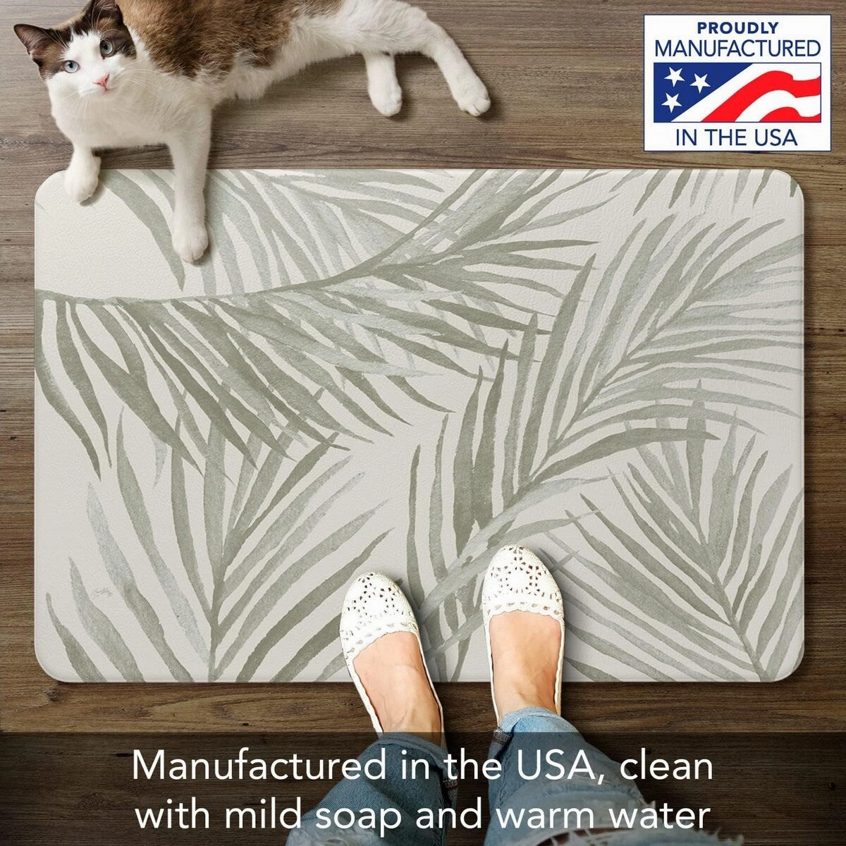 Grey Palm Fronds 30 x 20 Comfort Floor Mat Manufactured in The USA. Waterproof. Reduces Muscle Fatigue. Easy to Clean - 30x20