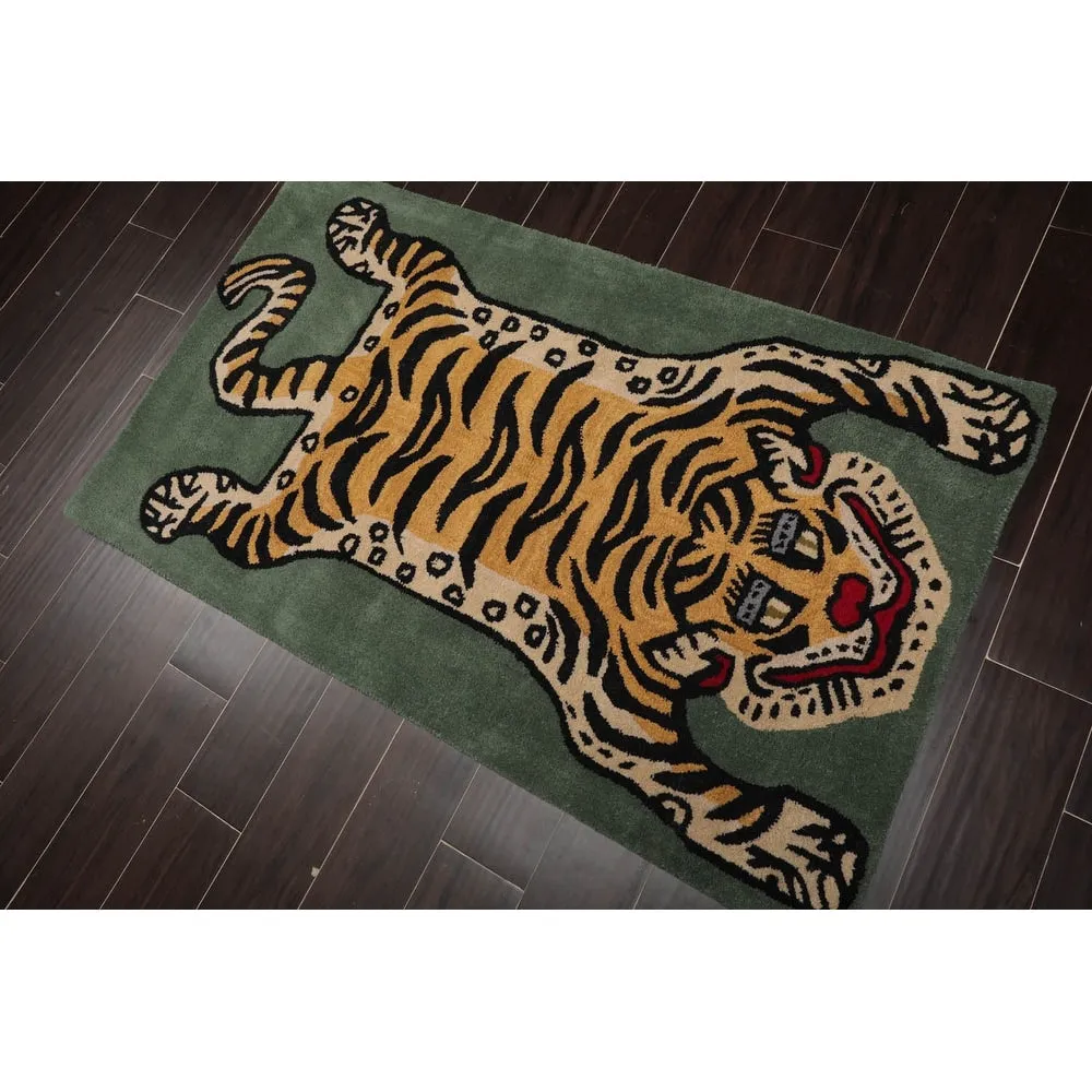 Hand Tufted Hand Made Wool Tiger Novelty Oriental Area Rug Celadon - 3' x 5'