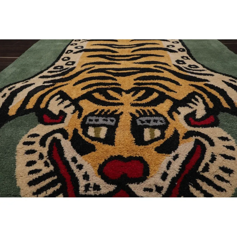 Hand Tufted Hand Made Wool Tiger Novelty Oriental Area Rug Celadon - 3' x 5'