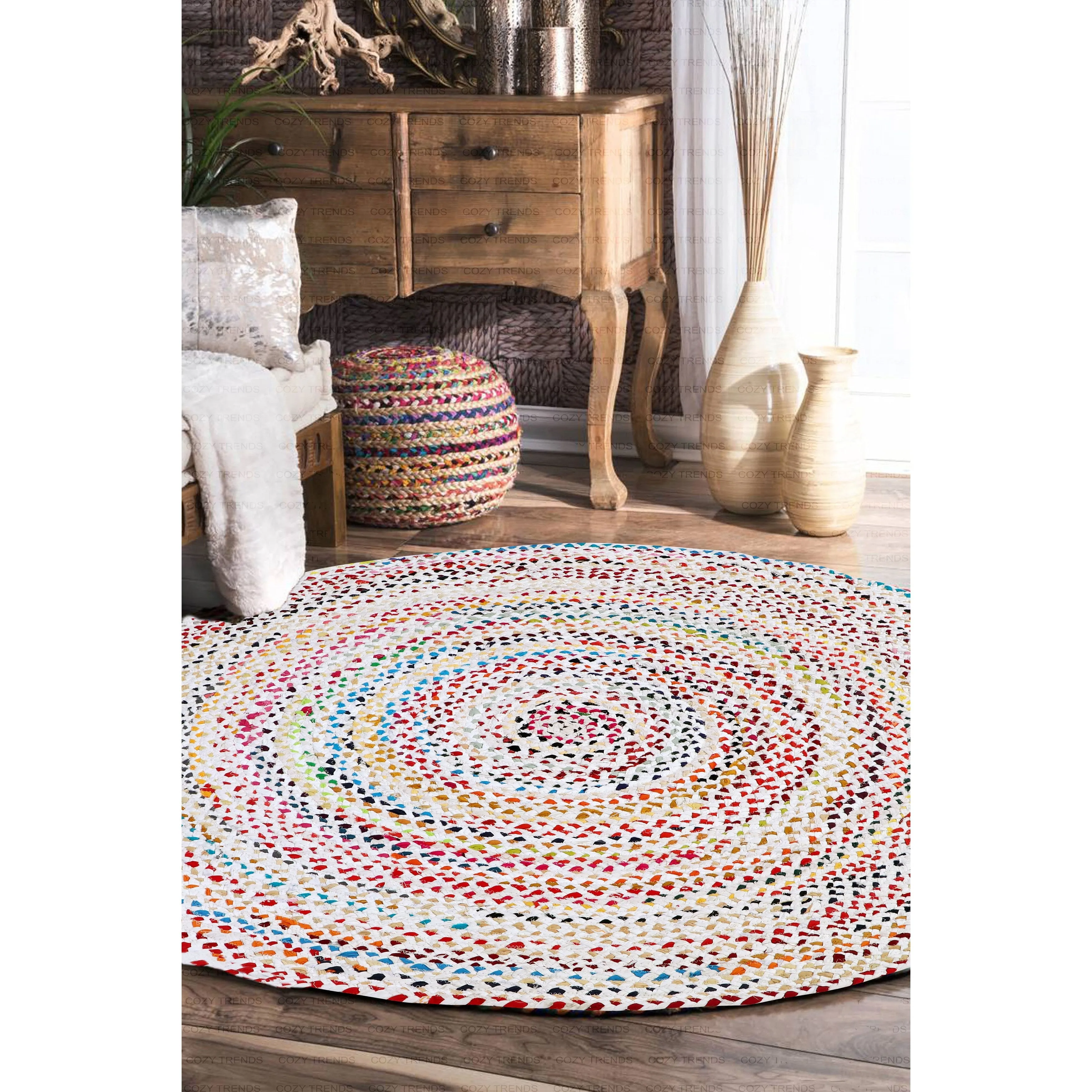 Handmade Braided Cotton Jute Multi-Color Country Area Rugs