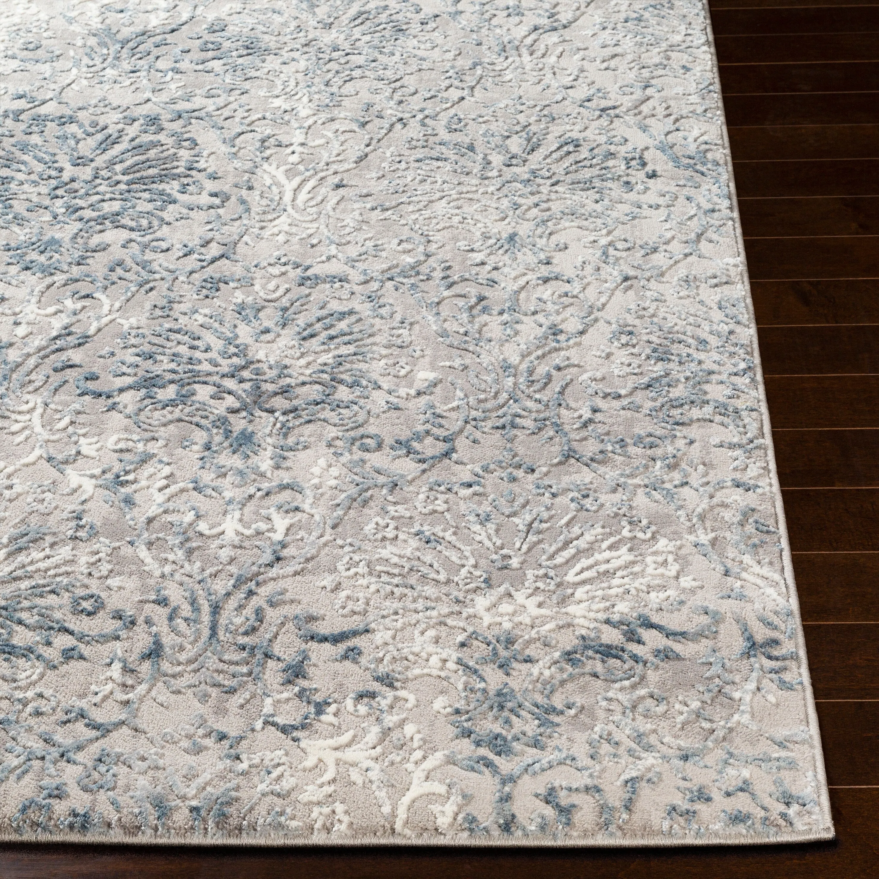 Hermia Navy & Grey Damask Area Rug - 6' 7 x 9' 6