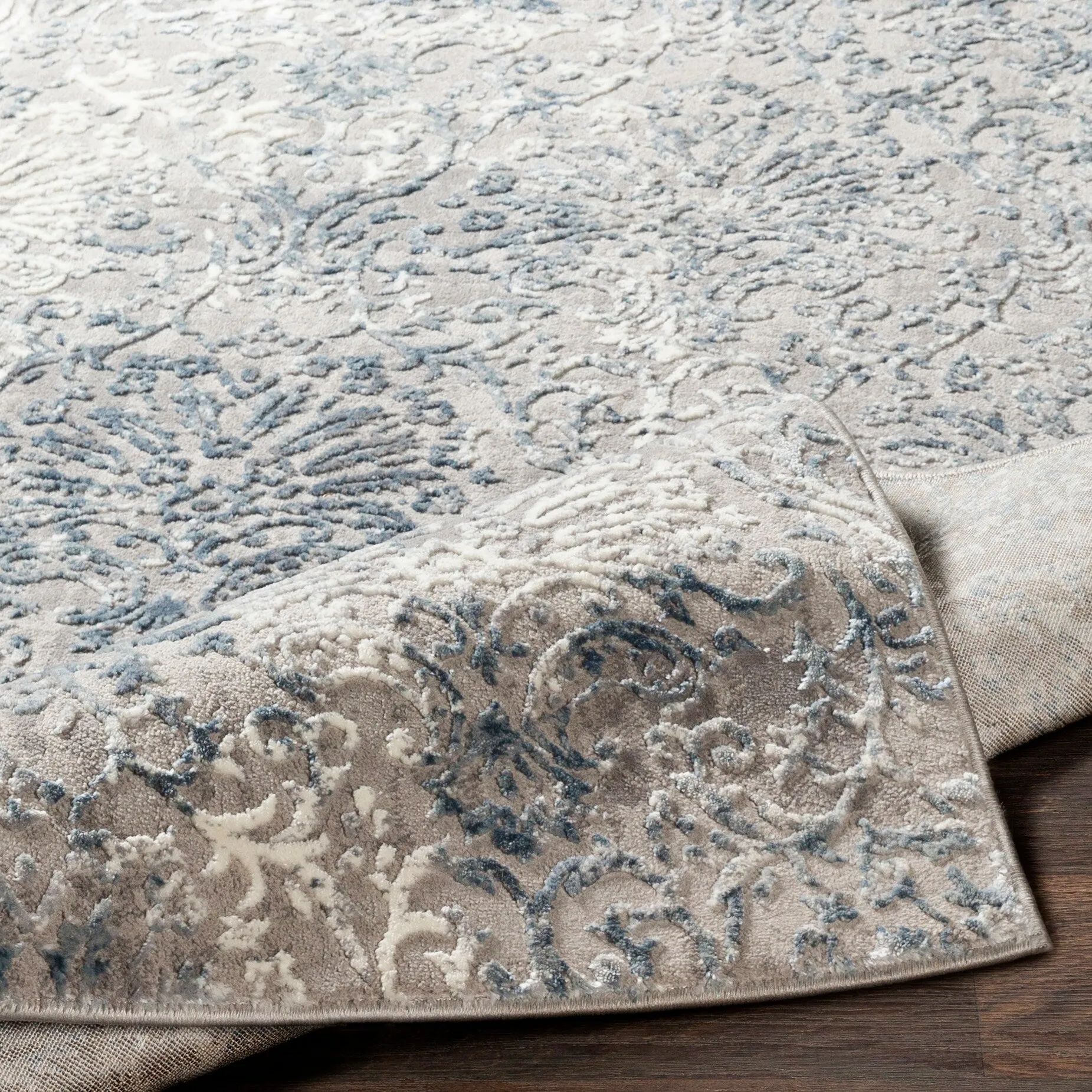 Hermia Navy & Grey Damask Area Rug - 6' 7 x 9' 6