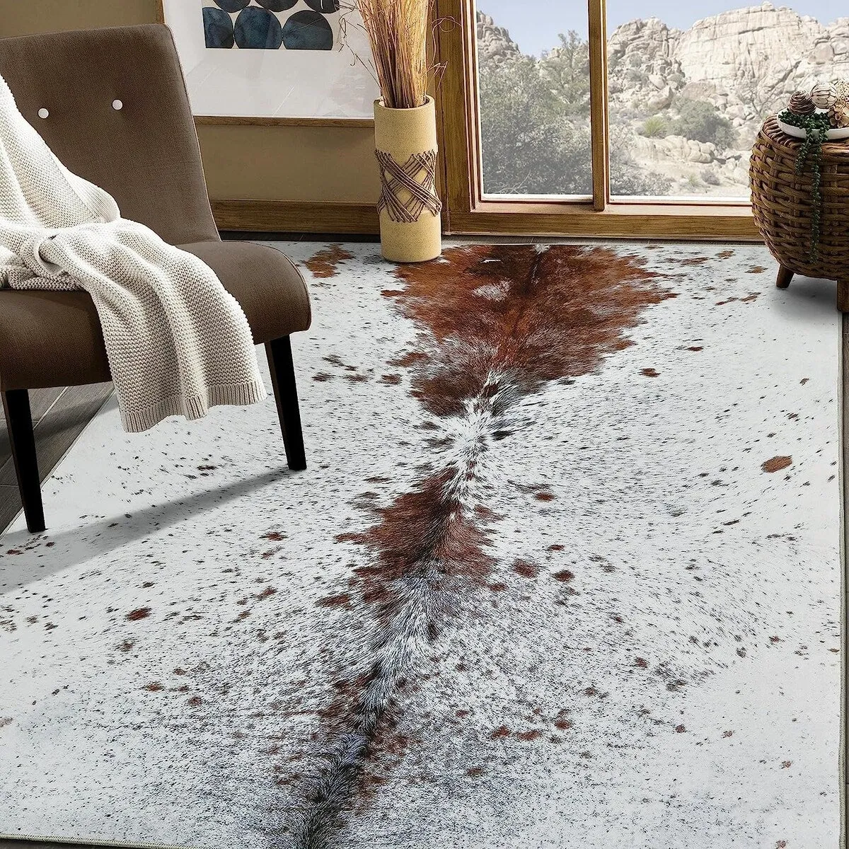 HR Print Rug Non-Slip Faux Cowhide Beige Brown Ivory and White Print Area Rug for Cabin and Lodge