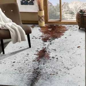 HR Print Rug Non-Slip Faux Cowhide Beige Brown Ivory and White Print Area Rug for Cabin and Lodge