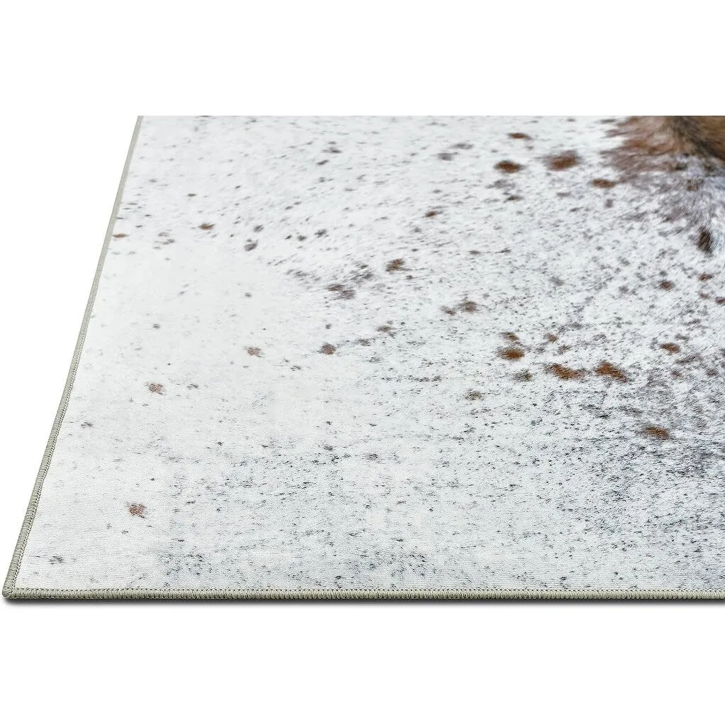 HR Print Rug Non-Slip Faux Cowhide Beige Brown Ivory and White Print Area Rug for Cabin and Lodge