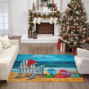 Indoor/ Outdoor Cozy Winter Blue Washable Beach Presents Rug