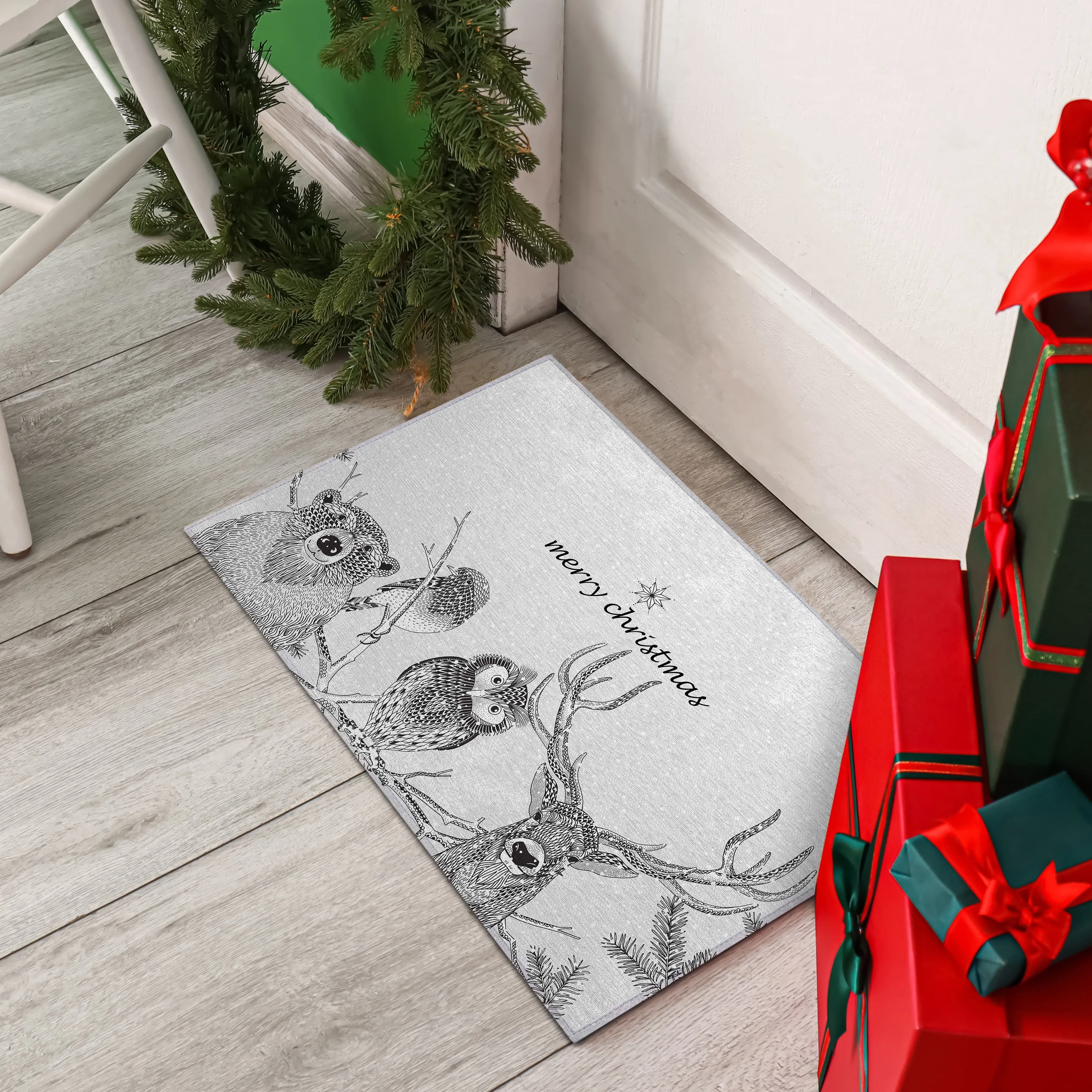 Indoor/ Outdoor Cozy Winter Gray Washable Christmas Animals Rug