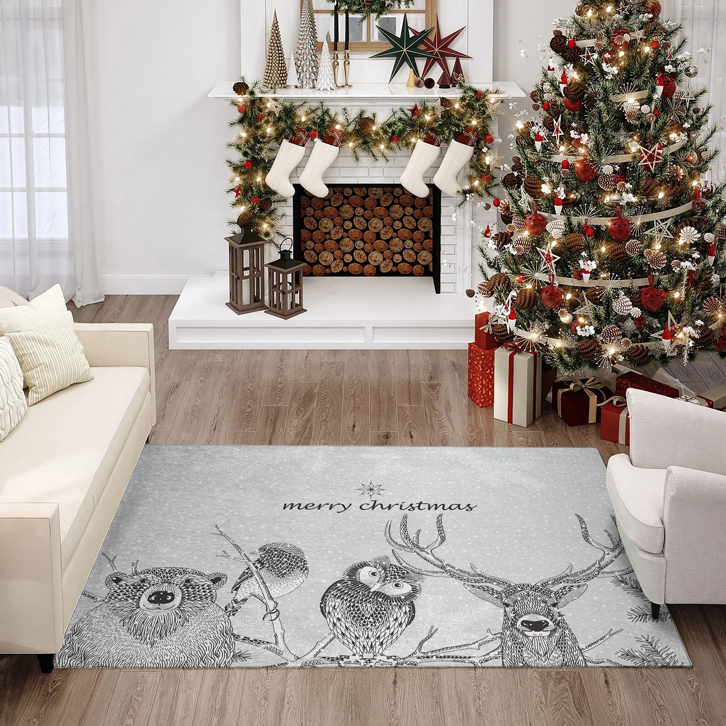 Indoor/ Outdoor Cozy Winter Gray Washable Christmas Animals Rug