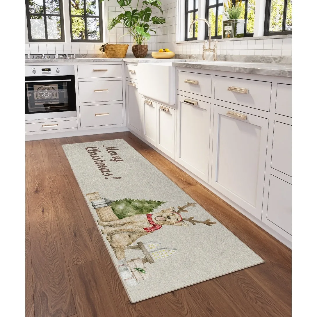 Indoor/ Outdoor Cozy Winter Taupe Washable Christmas Dog Rug