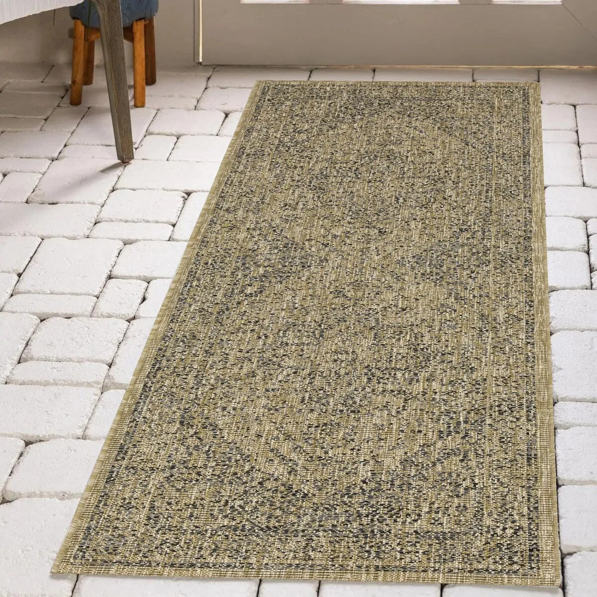 Indoor/Outdoor Area Rug/ Runner/ Doormat- Blue & Natural & Red & Taupe Color -Machine Washable. Weather and UV Resistant-Zaria