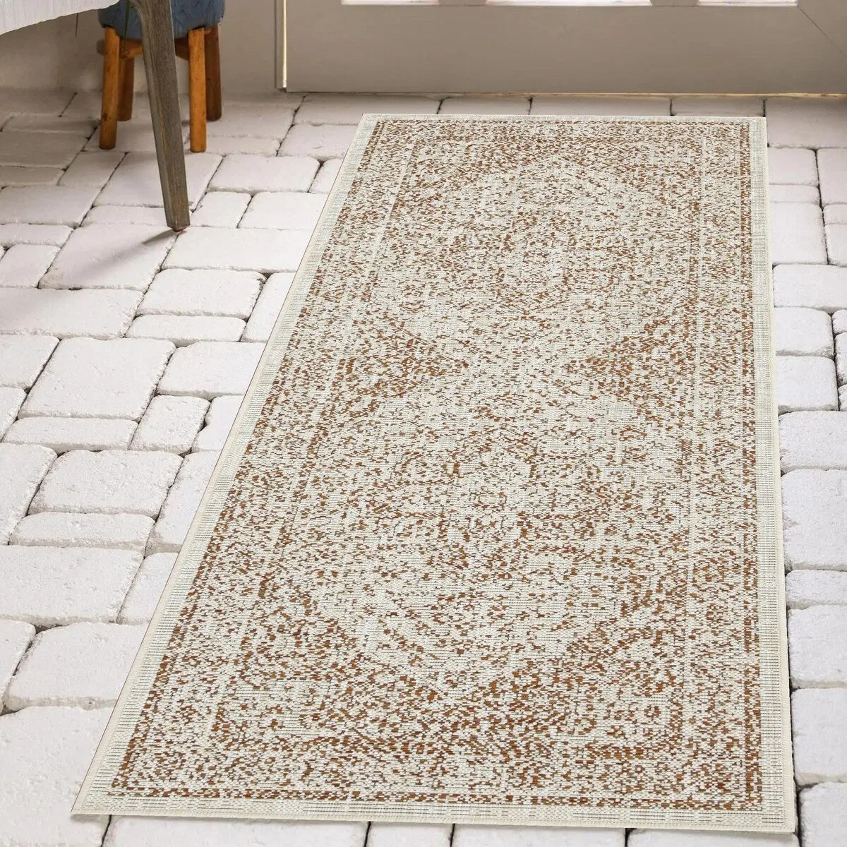 Indoor/Outdoor Area Rug/ Runner/ Doormat- Blue & Natural & Red & Taupe Color -Machine Washable. Weather and UV Resistant-Zaria