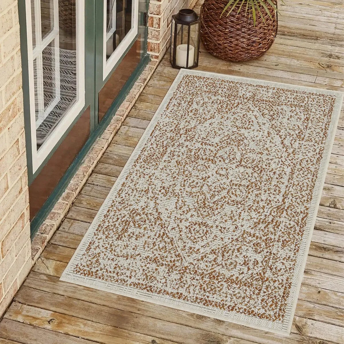 Indoor/Outdoor Area Rug/ Runner/ Doormat- Blue & Natural & Red & Taupe Color -Machine Washable. Weather and UV Resistant-Zaria