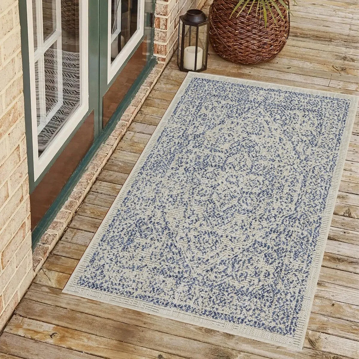 Indoor/Outdoor Area Rug/ Runner/ Doormat- Blue & Natural & Red & Taupe Color -Machine Washable. Weather and UV Resistant-Zaria