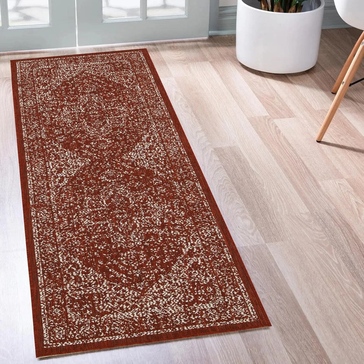 Indoor/Outdoor Area Rug/ Runner/ Doormat- Blue & Natural & Red & Taupe Color -Machine Washable. Weather and UV Resistant-Zaria