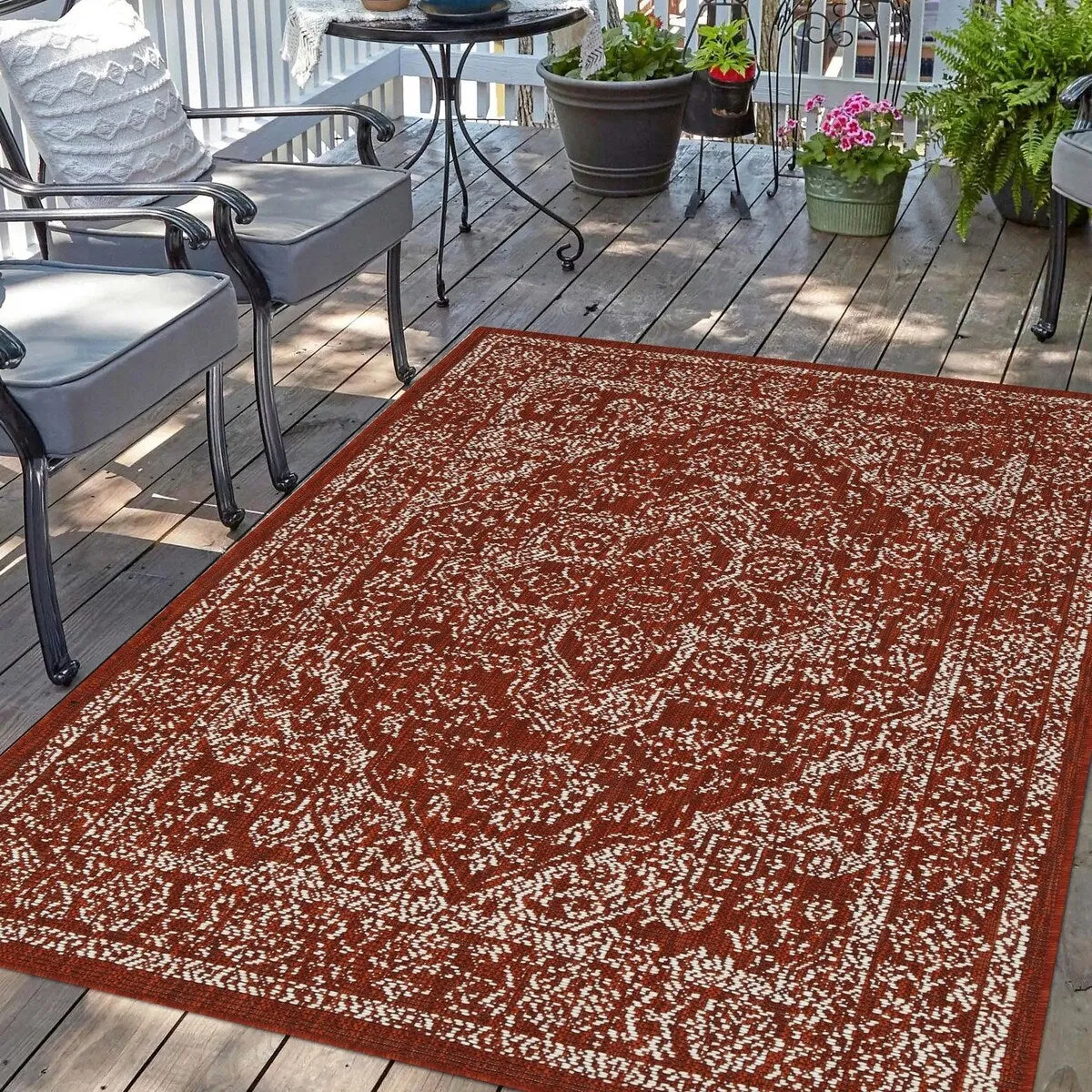 Indoor/Outdoor Area Rug/ Runner/ Doormat- Blue & Natural & Red & Taupe Color -Machine Washable. Weather and UV Resistant-Zaria