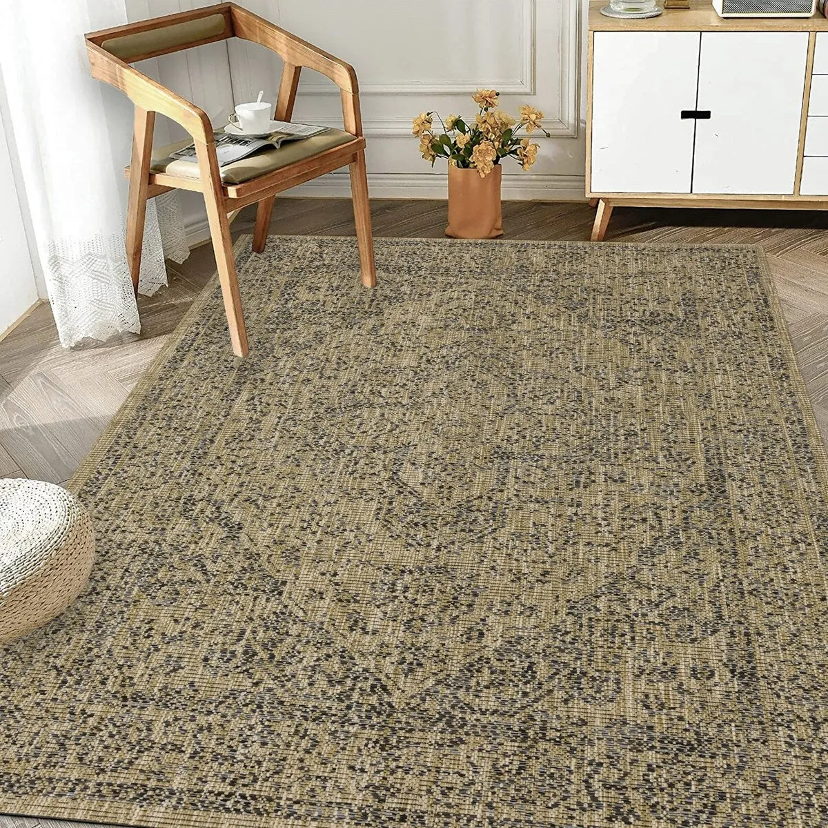 Indoor/Outdoor Area Rug/ Runner/ Doormat- Blue & Natural & Red & Taupe Color -Machine Washable. Weather and UV Resistant-Zaria