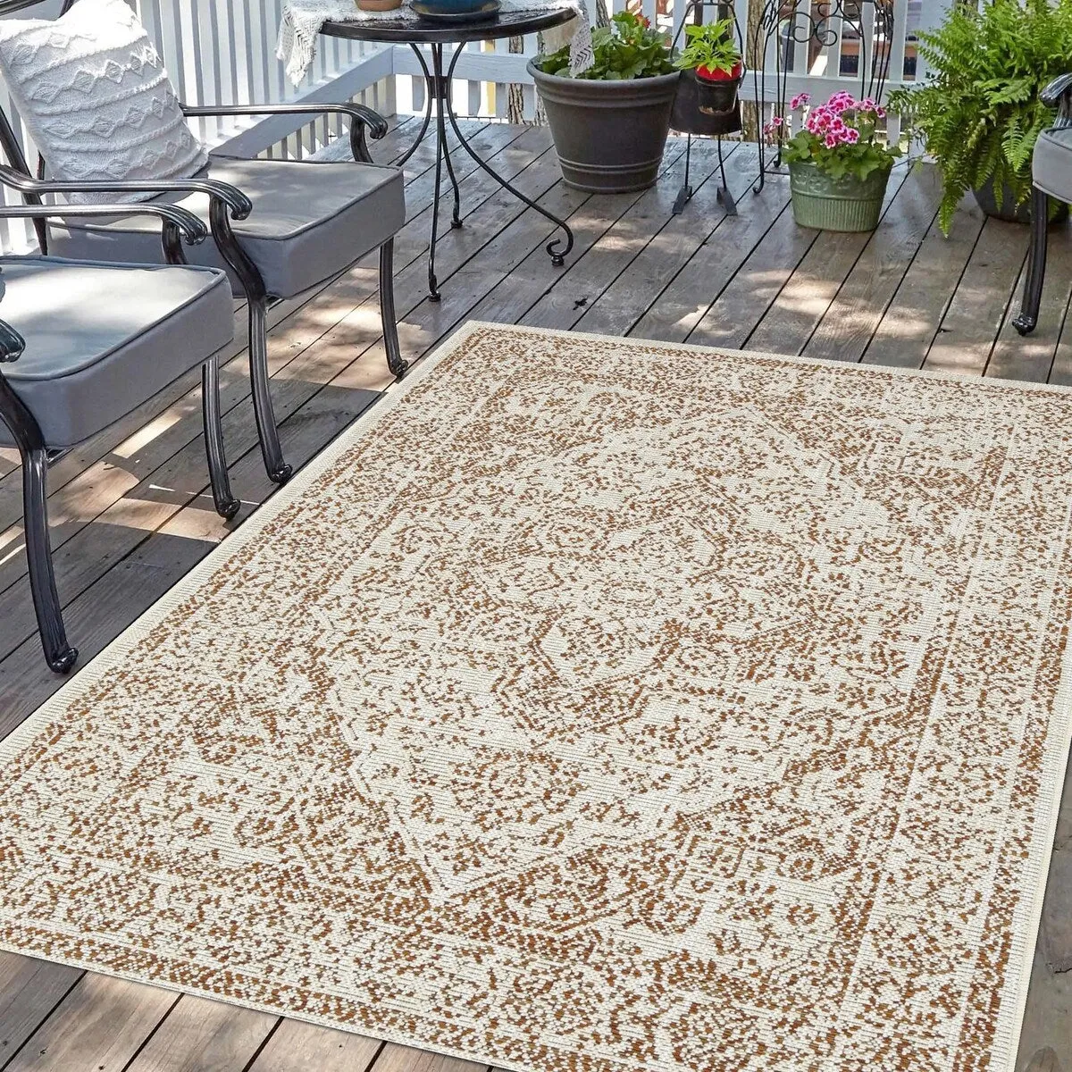 Indoor/Outdoor Area Rug/ Runner/ Doormat- Blue & Natural & Red & Taupe Color -Machine Washable. Weather and UV Resistant-Zaria