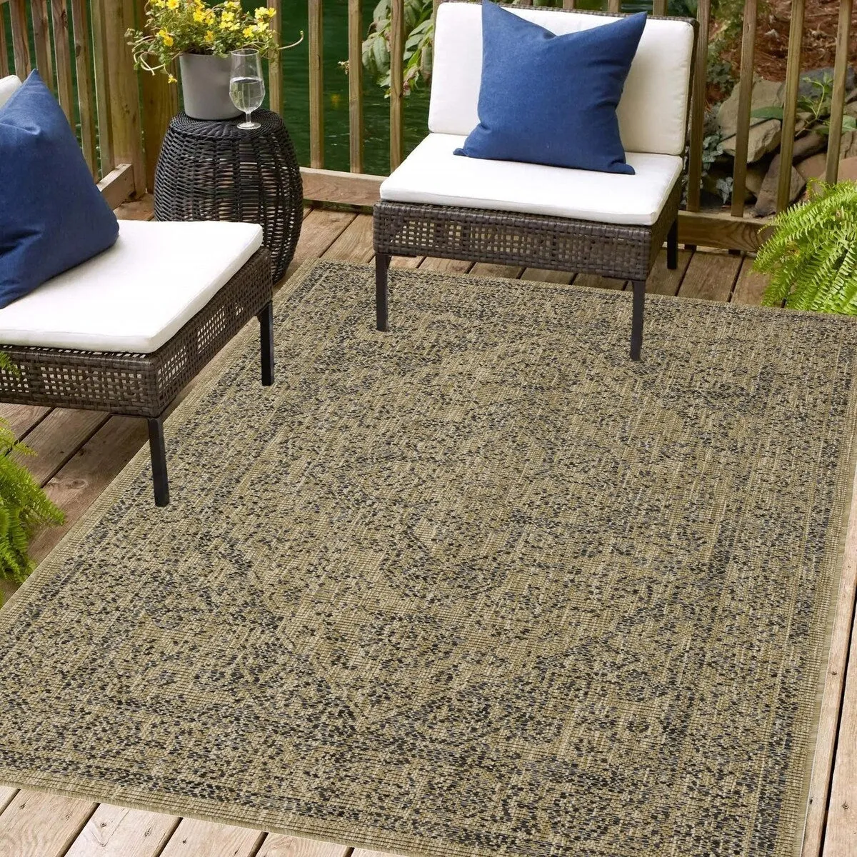 Indoor/Outdoor Area Rug/ Runner/ Doormat- Blue & Natural & Red & Taupe Color -Machine Washable. Weather and UV Resistant-Zaria
