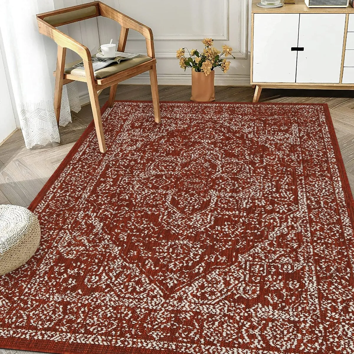 Indoor/Outdoor Area Rug/ Runner/ Doormat- Blue & Natural & Red & Taupe Color -Machine Washable. Weather and UV Resistant-Zaria