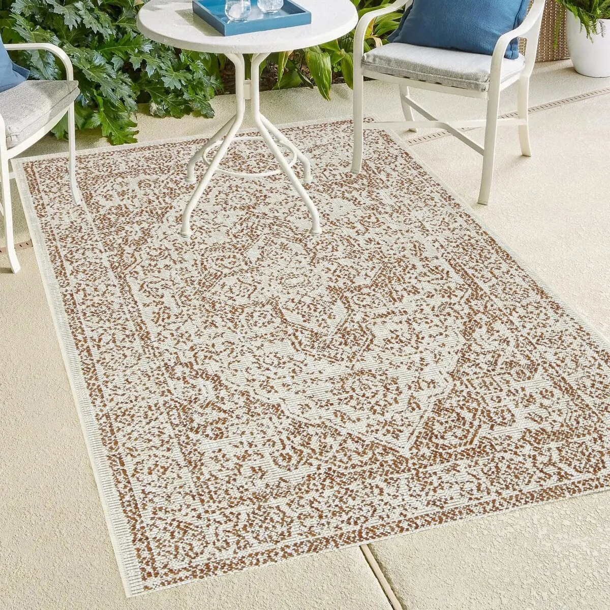 Indoor/Outdoor Area Rug/ Runner/ Doormat- Blue & Natural & Red & Taupe Color -Machine Washable. Weather and UV Resistant-Zaria