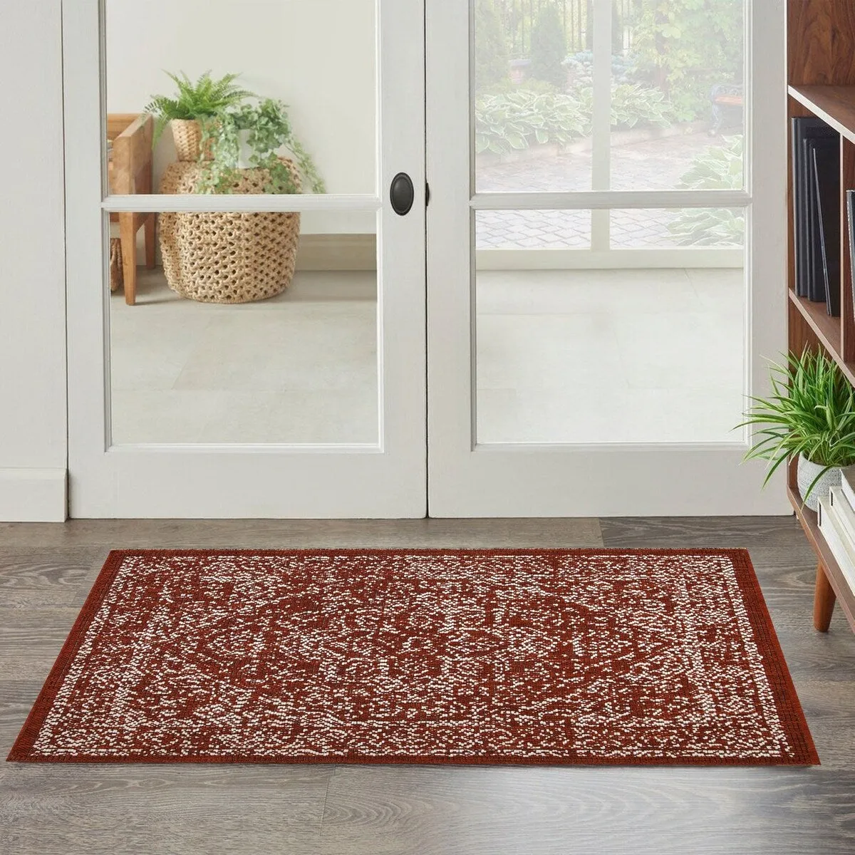 Indoor/Outdoor Area Rug/ Runner/ Doormat- Blue & Natural & Red & Taupe Color -Machine Washable. Weather and UV Resistant-Zaria