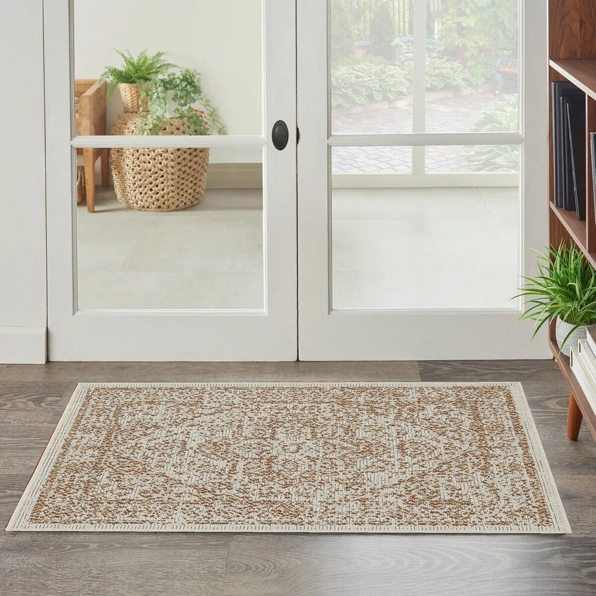 Indoor/Outdoor Area Rug/ Runner/ Doormat- Blue & Natural & Red & Taupe Color -Machine Washable. Weather and UV Resistant-Zaria