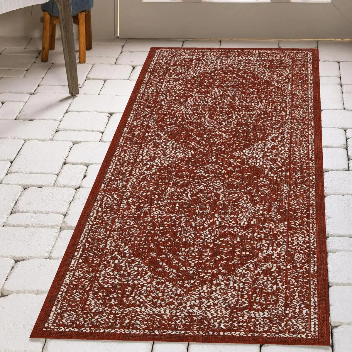 Indoor/Outdoor Area Rug/ Runner/ Doormat- Blue & Natural & Red & Taupe Color -Machine Washable. Weather and UV Resistant-Zaria