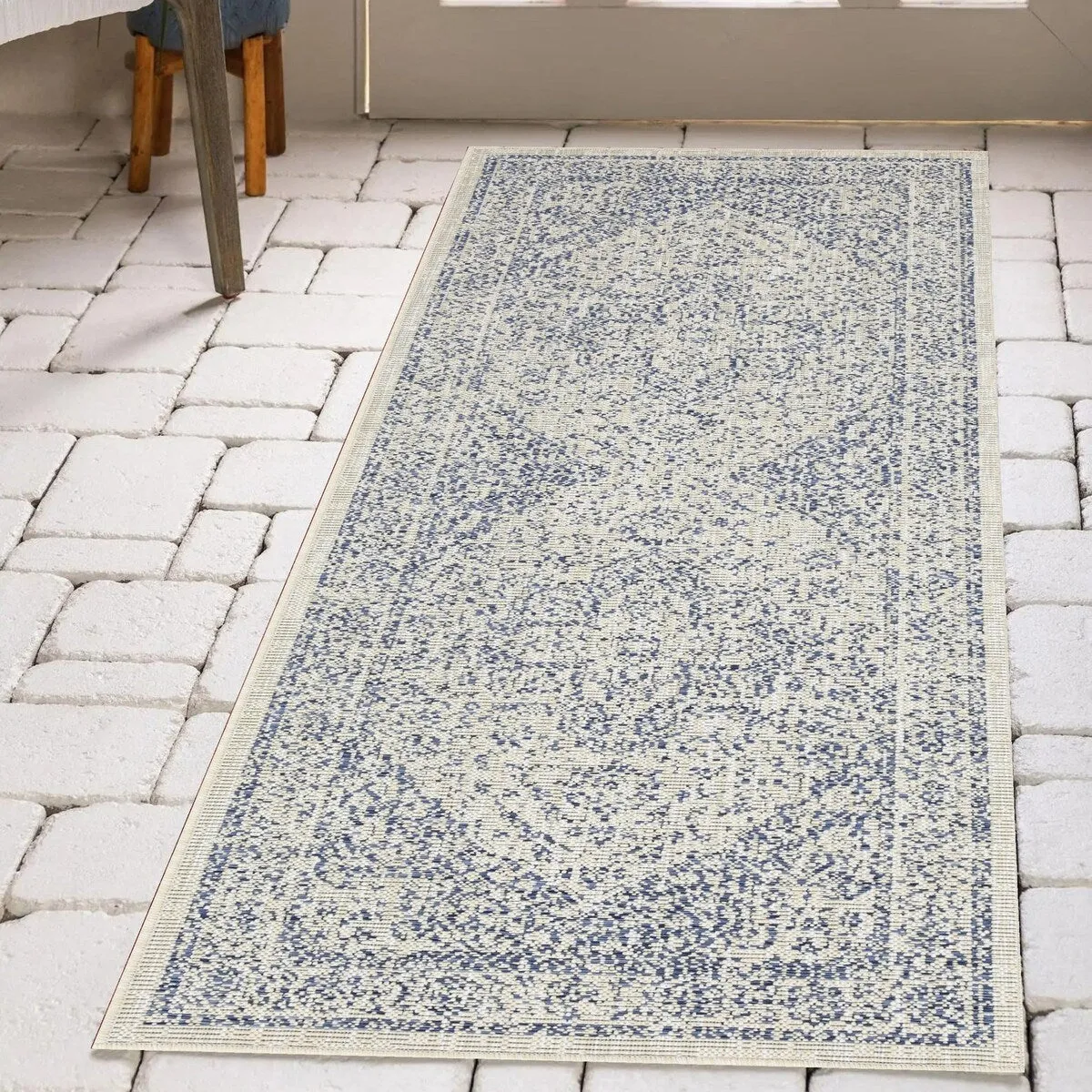 Indoor/Outdoor Area Rug/ Runner/ Doormat- Blue & Natural & Red & Taupe Color -Machine Washable. Weather and UV Resistant-Zaria