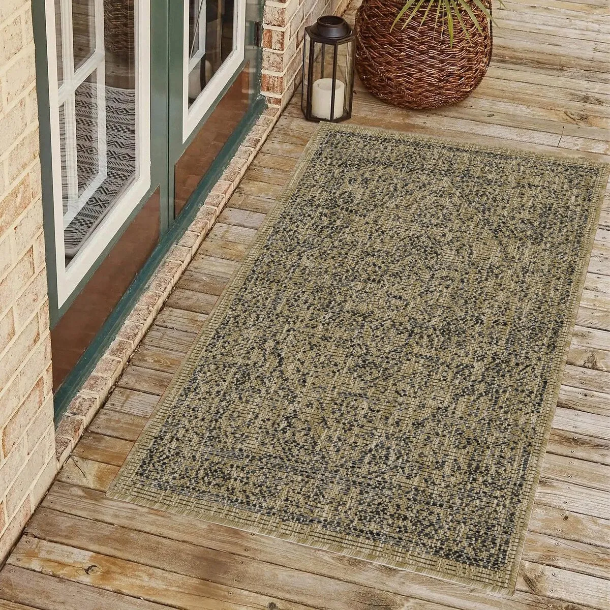Indoor/Outdoor Area Rug/ Runner/ Doormat- Blue & Natural & Red & Taupe Color -Machine Washable. Weather and UV Resistant-Zaria