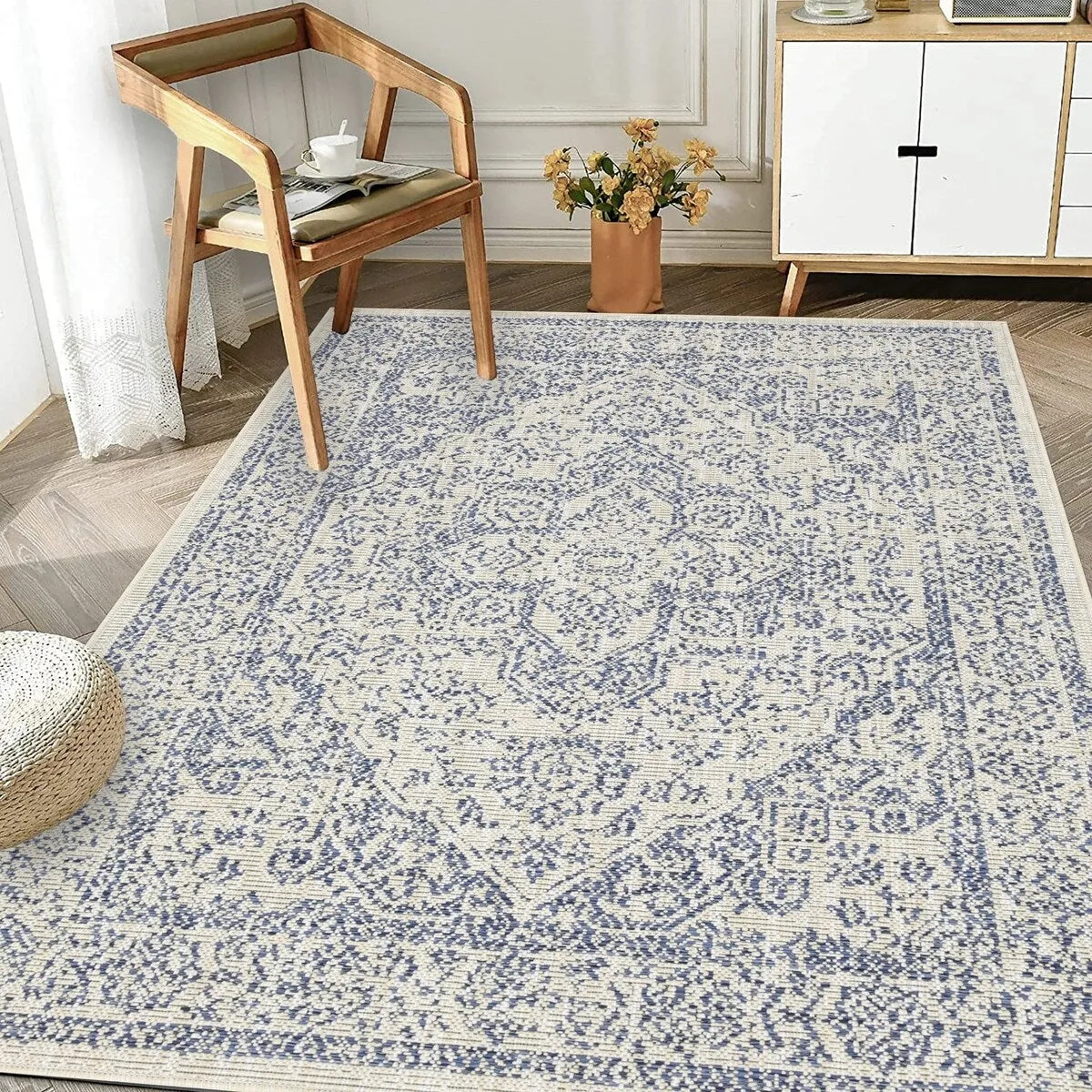 Indoor/Outdoor Area Rug/ Runner/ Doormat- Blue & Natural & Red & Taupe Color -Machine Washable. Weather and UV Resistant-Zaria
